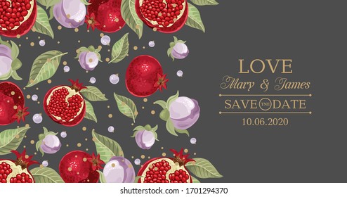 Wedding invitations with pomegranate and leaves. Composition for a wedding or greeting card. Design element for wedding,
 birthday, natural and eco cosmetics. Can be used for a poster, invitation , or