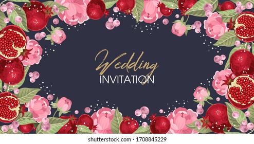 Wedding invitations with pomegranate and leaves. Composition for a wedding or greeting card. Design element for wedding,
 birthday, natural and eco cosmetics. Can be used for a poster, invitation , or