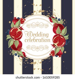 Wedding invitations with pomegranate and leaves. Vector illustration.