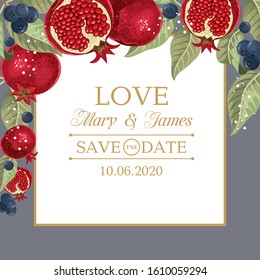 Wedding invitations with pomegranate and leaves. Vector illustration.