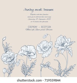 Wedding invitations with poppies in vintage style on beige background. 