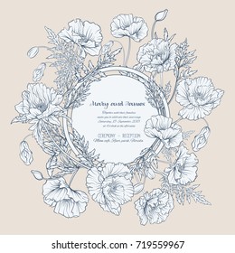 Wedding invitations with poppies in vintage style on beige background.