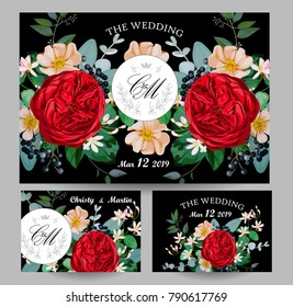 Wedding invitations with red english rose