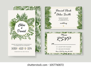 Wedding Invitations, RSVP modern card design.
watercolor, Botanical, natural style. save the date card design with leaves, fern. set of vector invitation cards with patterns of green leaves in rustic 