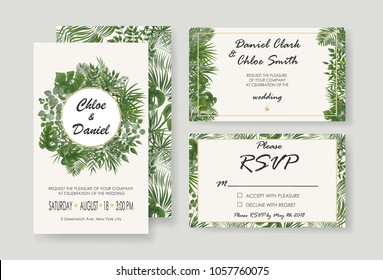 Wedding Invitations, RSVP modern card design.
watercolor, Botanical, natural style. save the date card design with leaves, fern. set of vector invitation cards with patterns of green leaves in rustic 