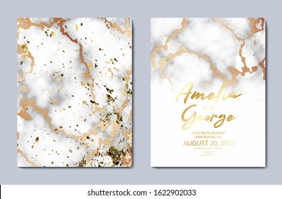 Wedding Invitations save the date card design with elegant white marble with gold.Beautiful abstract golden template on light backdrop.