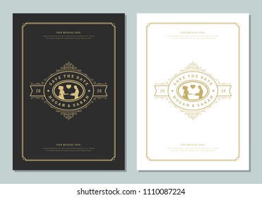 Wedding invitations save the date cards design vector illustration. Wedding invite title vintage templates. Golden style.