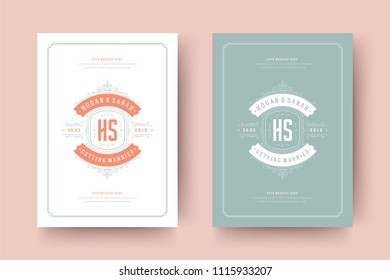 Wedding invitations save the date cards design vector illustration. Wedding invite title vintage templates. Golden style.