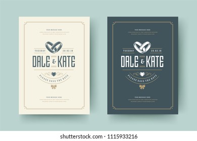 Wedding invitations save the date cards design vector illustration. Wedding invite title vintage templates. Golden style.