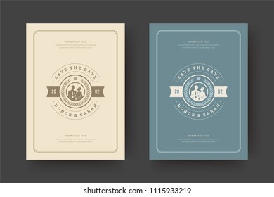 Wedding invitations save the date cards design vector illustration. Wedding invite title vintage templates. Golden style.