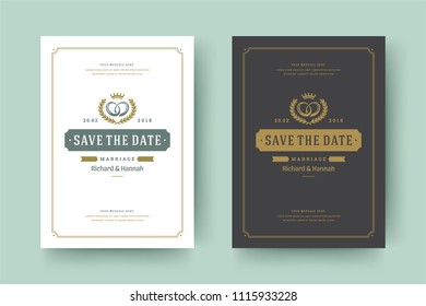 Wedding invitations save the date cards design vector illustration. Wedding invite title vintage templates. Golden style.