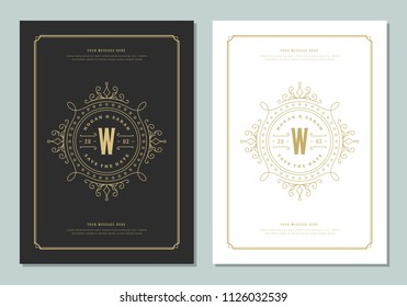 Wedding invitations save the date cards design vector illustration. Wedding invite title vintage templates. Golden style.