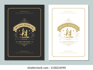 Wedding invitations save the date cards design vector illustration. Wedding invite title vintage templates. Golden style.