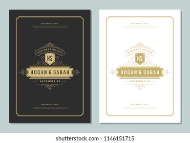 Wedding invitations save the date cards design vector illustration. Wedding invite title vintage templates. Golden style.