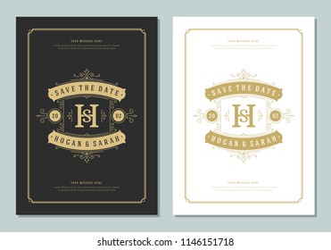 Wedding invitations save the date cards design vector illustration. Wedding invite title vintage templates. Golden style.