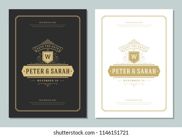 Wedding invitations save the date cards design vector illustration. Wedding invite title vintage templates. Golden style.