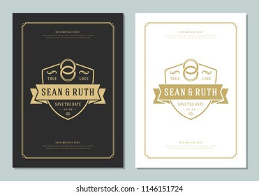 Wedding invitations save the date cards design vector illustration. Wedding invite title vintage templates. Golden style.