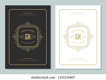 Wedding invitations save the date cards design vector illustration. Wedding invite title vintage templates.
