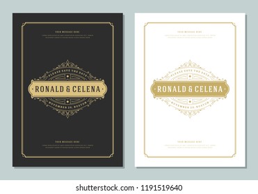 Wedding invitations save the date cards design vector illustration. Wedding invite title vintage templates.