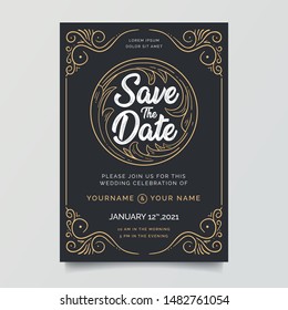 Wedding invitations and save date cards with typography are very cool and bring up sketch ornaments. Antique Victorian frame and decor. for digital and print