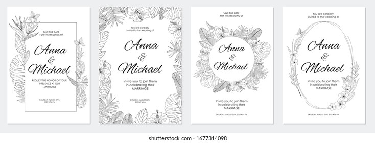 Wedding invitations, save the date cards set with tropical flowers. Line art botanical composition. Vector illustration.