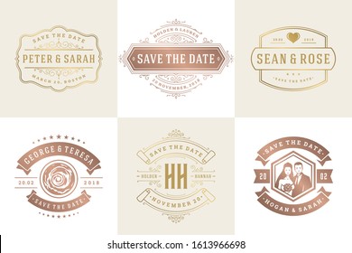 Wedding invitations save the date logos and badges vector elegant templates set. Vintage typography design elements for cards, ornate titles, ornament decorations and wedding symbols.