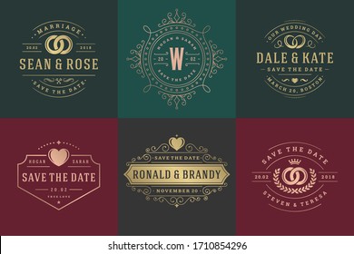 Wedding invitations save the date logos and badges vector elegant templates set. Vintage typography design elements for cards, ornate titles, ornament decorations and wedding symbols.