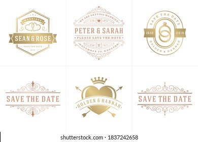 Wedding invitations save the date logos and badges vector elegant templates set. Vintage typography design elements for cards, ornate titles, ornament decorations and wedding symbols.