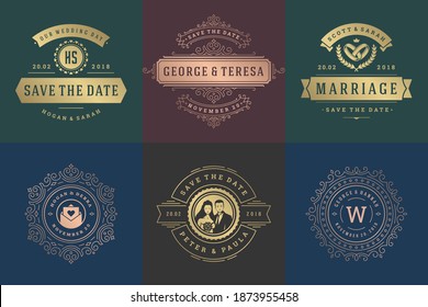 Wedding invitations save the date logos and badges vector elegant templates set. Vintage typography design elements for cards, ornate titles, ornament decorations and wedding symbols.