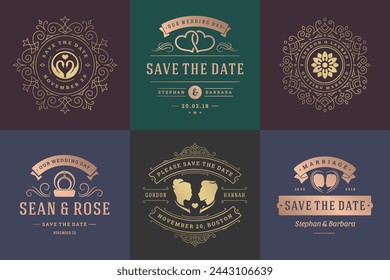 Wedding invitations save the date logos and badges vector elegant templates set. Vintage typography design elements for cards, ornate titles, ornament decorations and wedding symbols.