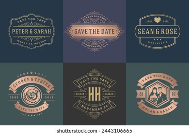 Wedding invitations save the date logos and badges vector elegant templates set. Vintage typography design elements for cards, ornate titles, ornament decorations and wedding symbols.