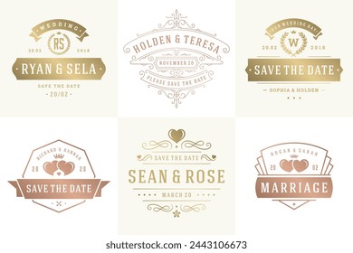 Las invitaciones de boda guardan los logotipos de la fecha y las insignias vector elegante conjunto de plantillas. Elementos de diseño de tipografía vintage para tarjetas, títulos adornados, decoraciones de adornos y símbolos de boda.