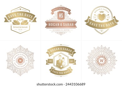Wedding invitations save the date logos and badges vector elegant templates set. Vintage typography design elements for cards, ornate titles, ornament decorations and wedding symbols.