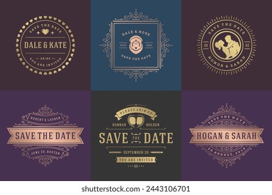 Wedding invitations save the date logos and badges vector elegant templates set. Vintage typography design elements for cards, ornate titles, ornament decorations and wedding symbols.