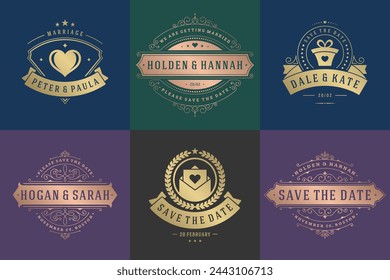 Wedding invitations save the date logos and badges vector elegant templates set. Vintage typography design elements for cards, ornate titles, ornament decorations and wedding symbols.