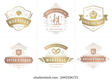 Wedding invitations save the date logos and badges vector elegant templates set. Vintage typography design elements for cards, ornate titles, ornament decorations and wedding symbols.