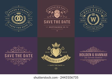 Wedding invitations save the date logos and badges vector elegant templates set. Vintage typography design elements for cards, ornate titles, ornament decorations and wedding symbols.