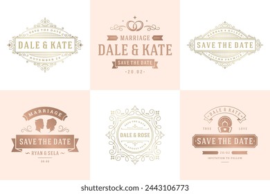Wedding invitations save the date logos and badges vector elegant templates set. Vintage typography design elements for cards, ornate titles, ornament decorations and wedding symbols.