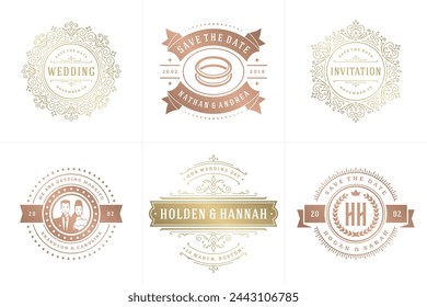 Wedding invitations save the date logos and badges vector elegant templates set. Vintage typography design elements for cards, ornate titles, ornament decorations and wedding symbols.