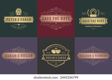 Wedding invitations save the date logos and badges vector elegant templates set. Vintage typography design elements for cards, ornate titles, ornament decorations and wedding symbols.