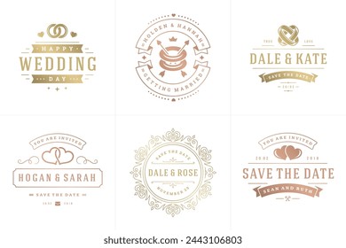 Las invitaciones de boda guardan los logotipos de la fecha y las insignias vector elegante conjunto de plantillas. Elementos de diseño de tipografía vintage para tarjetas, títulos adornados, decoraciones de adornos y símbolos de boda.