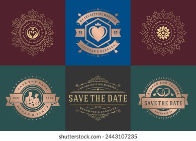 Las invitaciones de boda guardan los logotipos de la fecha y las insignias vector elegante conjunto de plantillas. Elementos de diseño de tipografía vintage para tarjetas, títulos adornados, decoraciones de adornos y símbolos de boda.