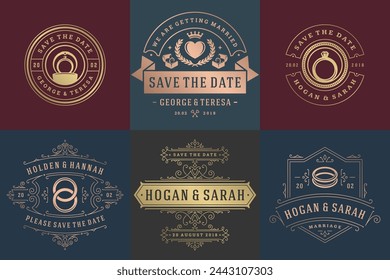 Wedding invitations save the date logos and badges vector elegant templates set. Vintage typography design elements for cards, ornate titles, ornament decorations and wedding symbols.