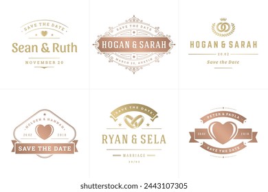 Wedding invitations save the date logos and badges vector elegant templates set. Vintage typography design elements for cards, ornate titles, ornament decorations and wedding symbols.