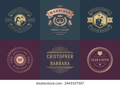 Wedding invitations save the date logos and badges vector elegant templates set. Vintage typography design elements for cards, ornate titles, ornament decorations and wedding symbols.