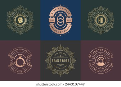 Las invitaciones de boda guardan los logotipos de la fecha y las insignias vector elegante conjunto de plantillas. Elementos de diseño de tipografía vintage para tarjetas, títulos adornados, decoraciones de adornos y símbolos de boda.