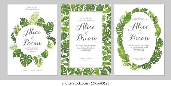 Wedding invitations set. Cards with tropical green leaves design. Floral border. Vector illustration.