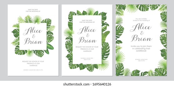 Einladungen für Hochzeiten. Karten mit tropisch grünen Blättern Design. Blumengrenze. Vektorillustration.