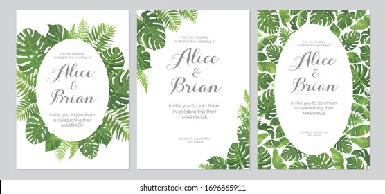 Wedding invitations set. Cards with tropical green leaves design. Floral border. Vector illustration.