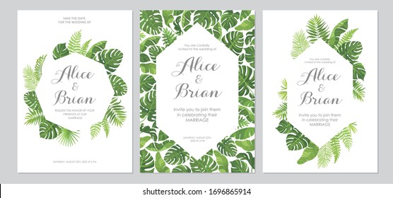 Wedding invitations set. Cards with tropical green leaves design. Floral geometric border. Vector illustration.